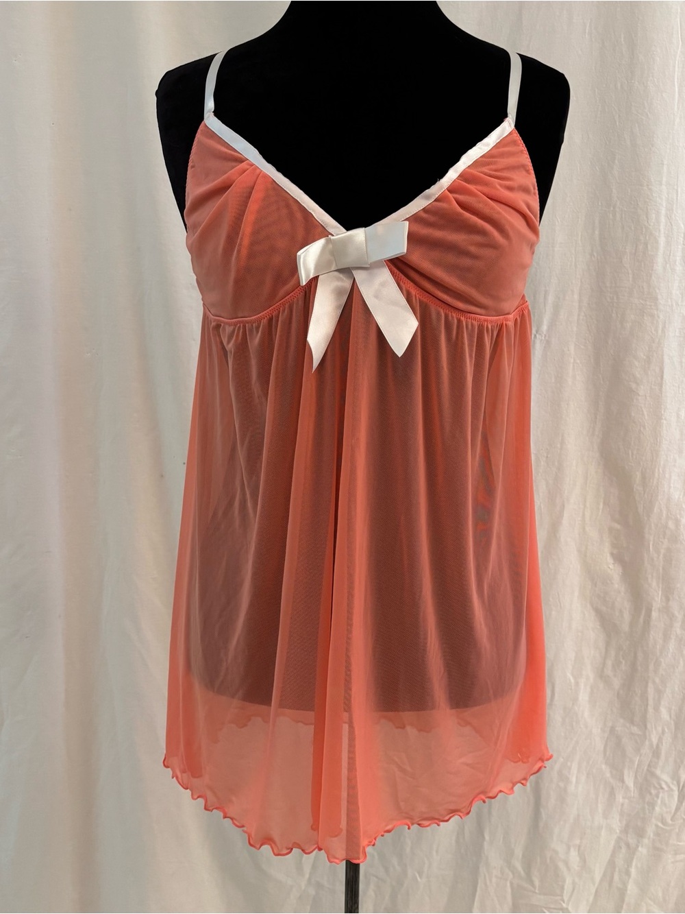 Coral Sheer Babydoll Chemise Nightgown Coquette Balletcore Y2K Lingerie LG